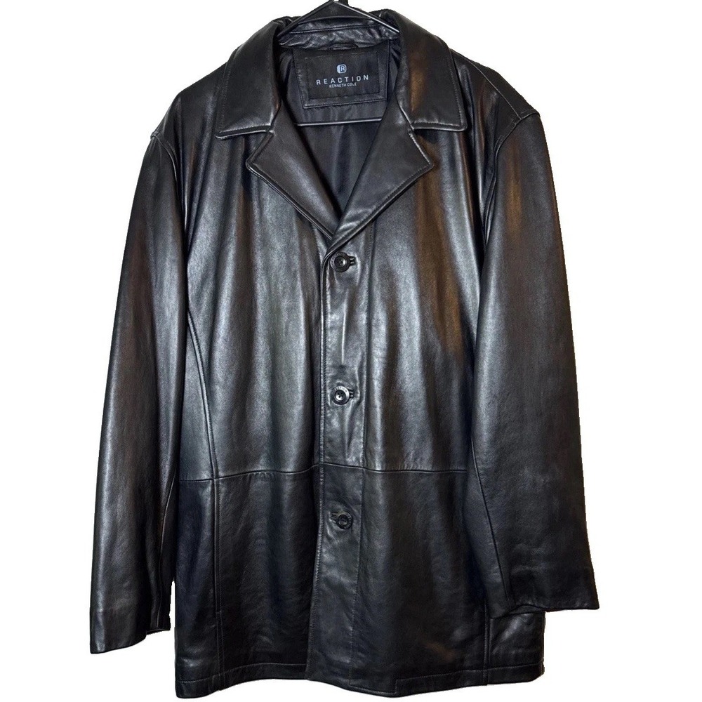 VTG‎ Kenneth Cole Reaction Mens S/M Black Lamb Leather Car Coat Jacket Y2K